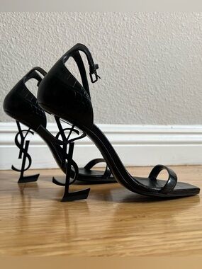 Saint Laurent Black Opyum Iconic YSL Logo Heel Pump Sandals Black